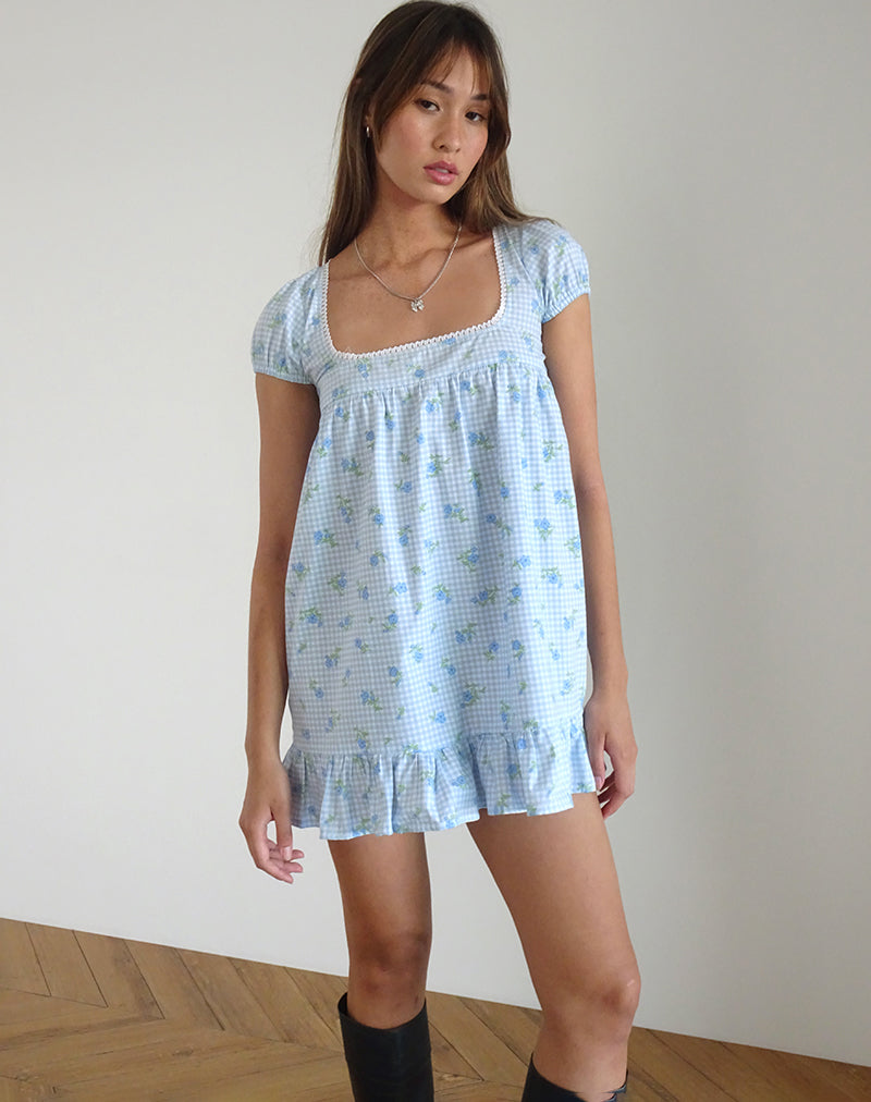 Minivestido de guinga azul de flores