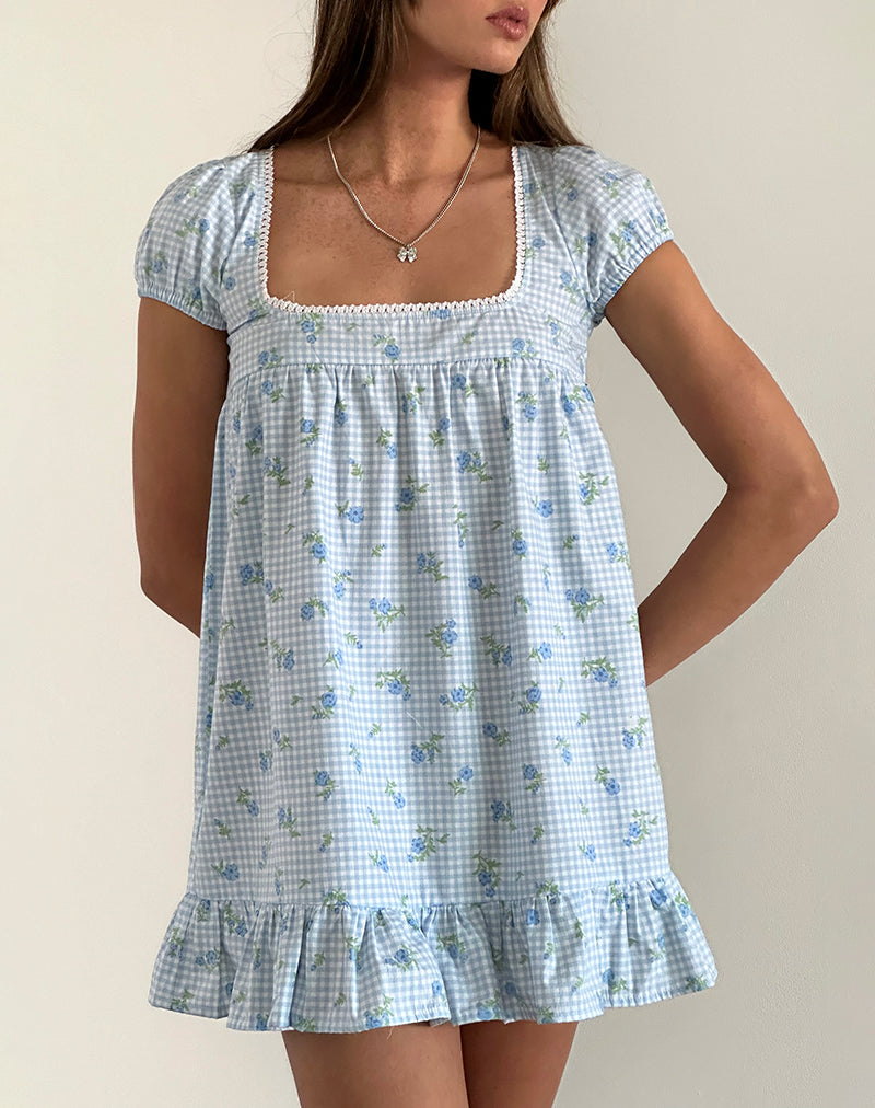 Minivestido de guinga azul de flores