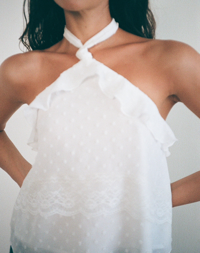 Imagen de Uran Top de cuello haltern en Dobby Chiffon Encaje Blanco