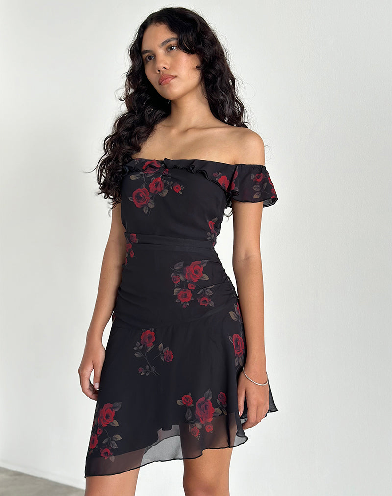 Mini Vestido Ursula Bardot en Negro Rosa Vintage