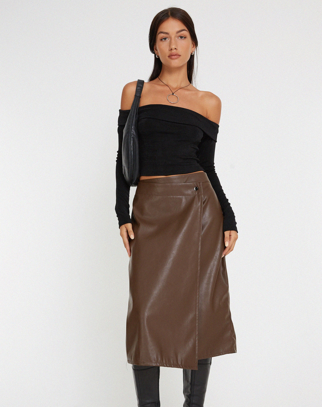 Falda Utari Midi en PU Marrón