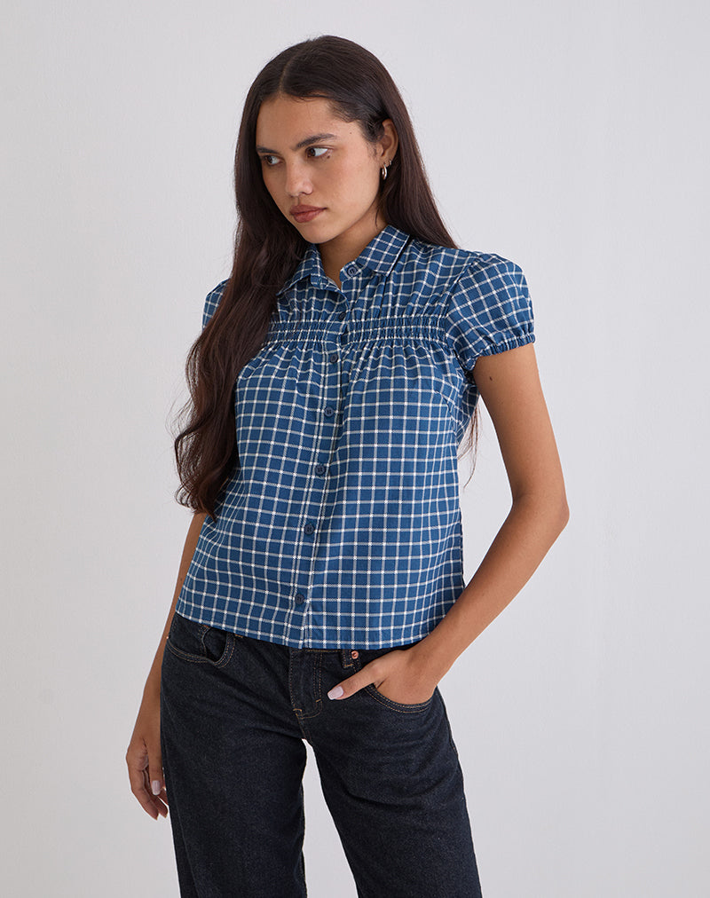 Camisa entallada Ulsan de popelina de tartán azul marino
