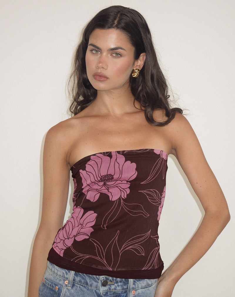 Varsha Bandeau Top en Flare Floral Rosa Marrón