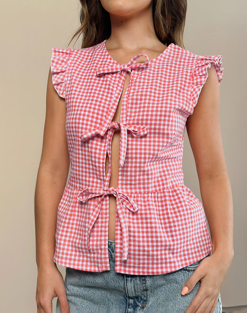 Vataka Tie Front Top En Mini Gingham Peach