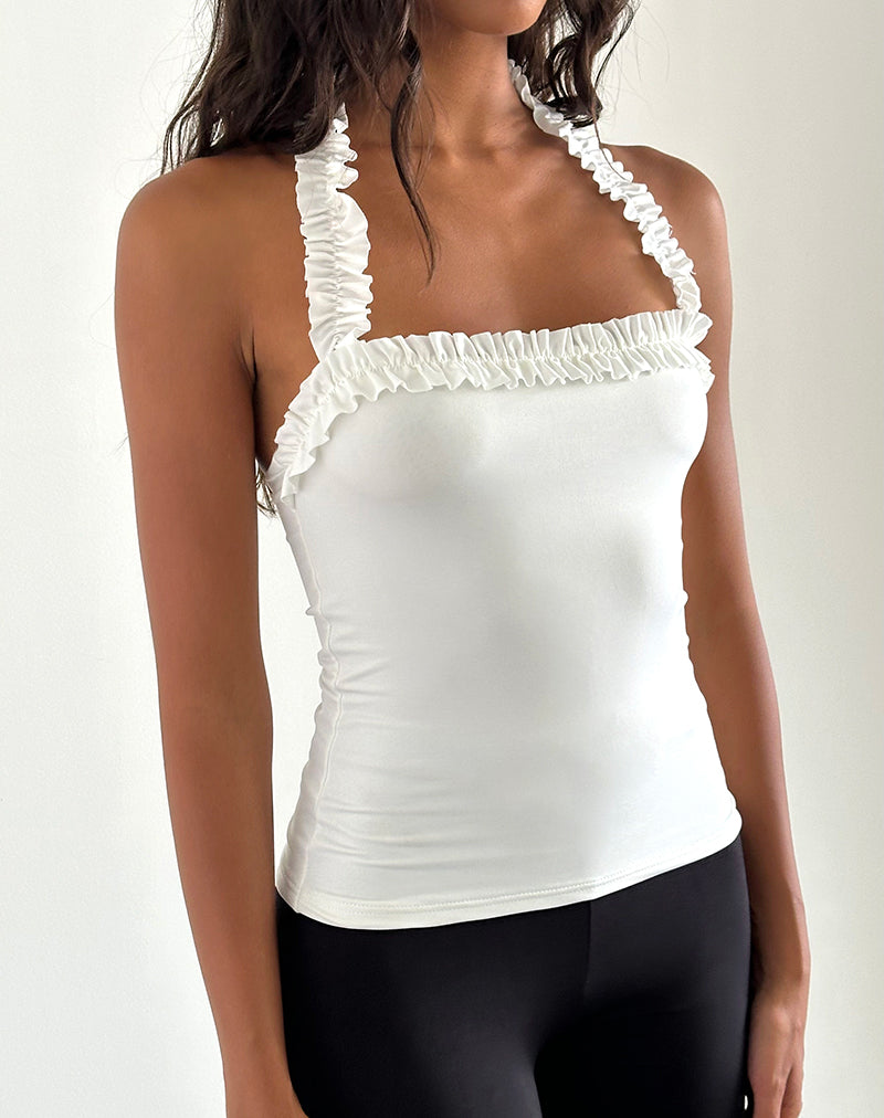 Top Veda Acanalado Cuello Haltern en Blanco Slinky