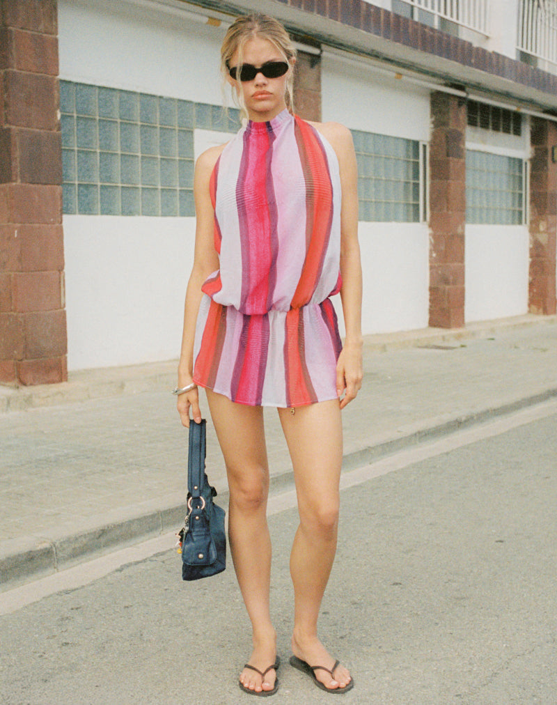 Minivestido Veloria de cuello redondo en gasa rosa de rayas pintadas