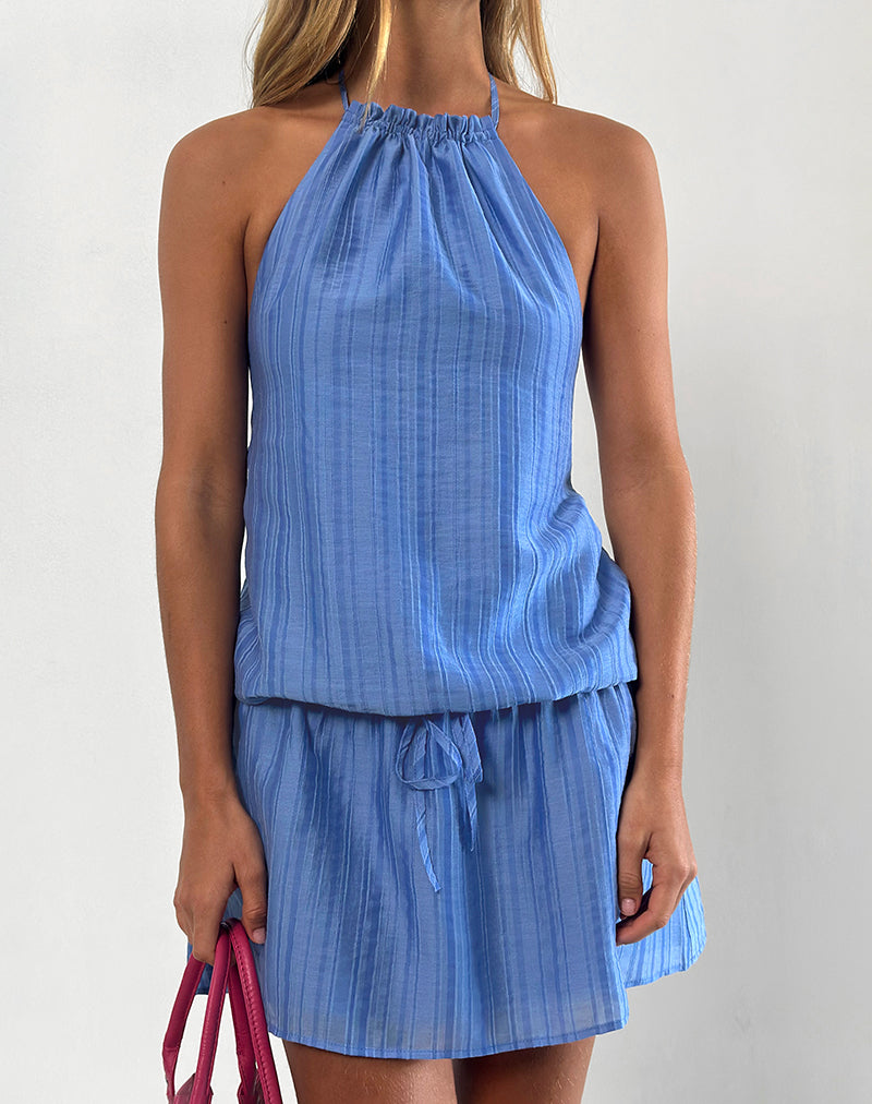 Minivestido Veloria de cuello redondo en gasa azul pintada a rayas