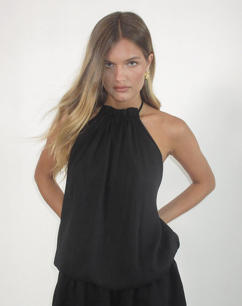 Imagen de Veloria Minivestido de cuello redondo en gasa negra con forro