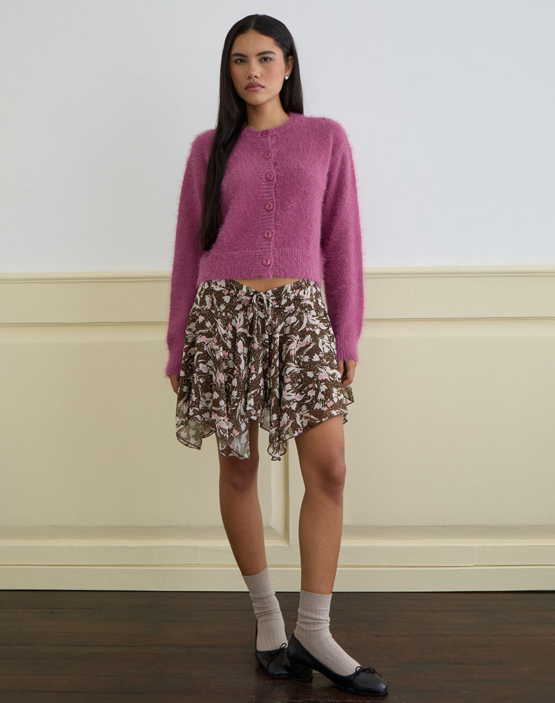Imagen de Veny Minifalda de gasa marrón y rosa con flores de polca