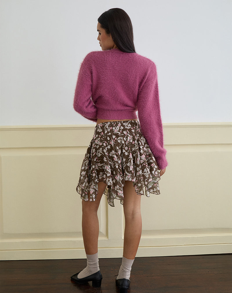Imagen de Veny Minifalda de gasa marrón y rosa con flores de polca