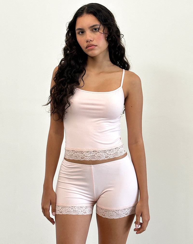 Micro Shorts Kuden con Dobladillo de Encaje en Jersey Suave Rosa