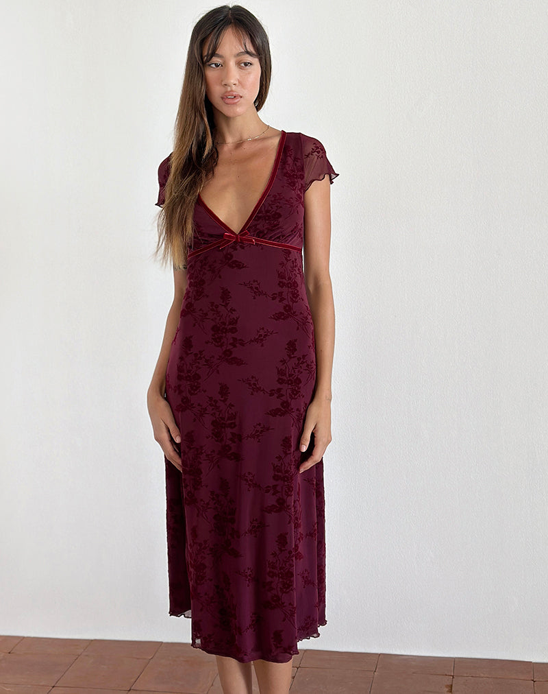 Imagen del vestido Vilinia Midi en flor botánica Granate