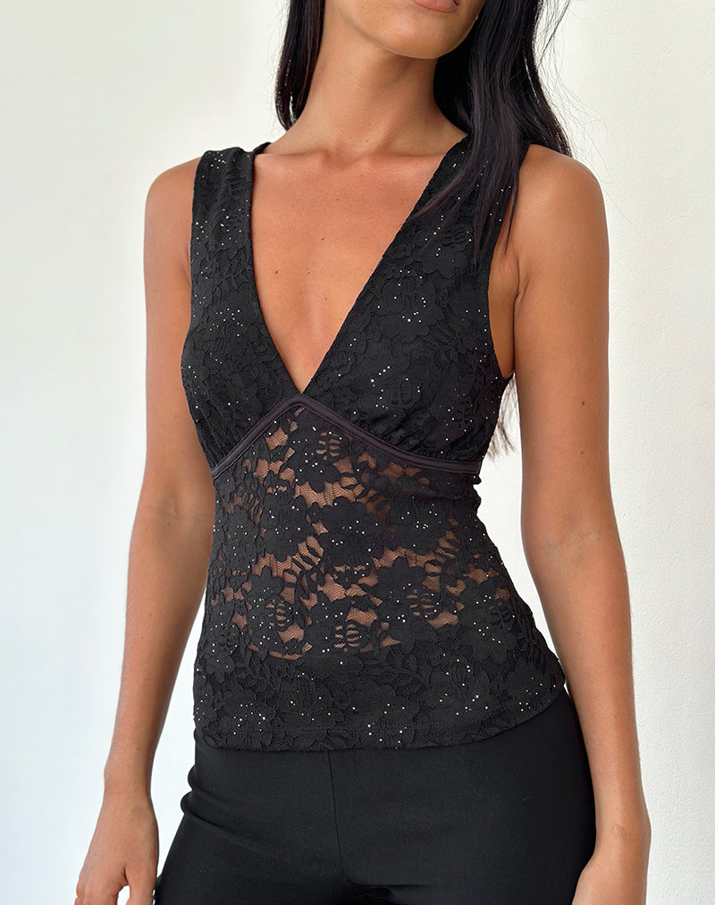 Top Vishata de encaje de lentejuelas negro