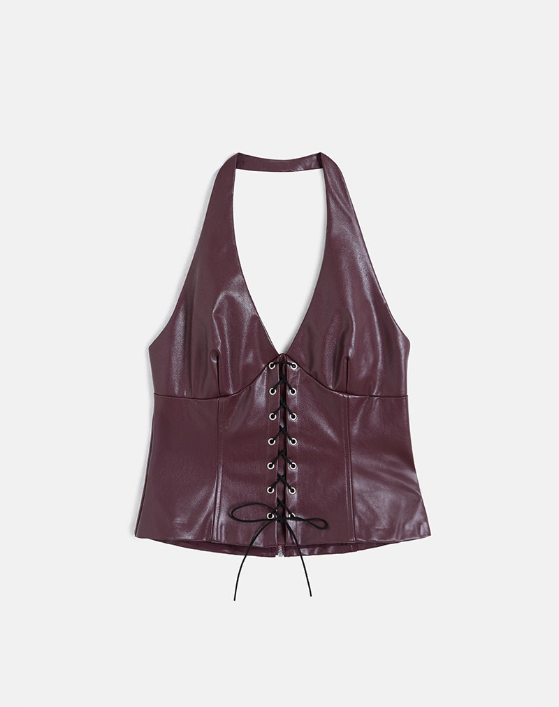 Imagen de Wahya Lace Up Halter Top en PU Ciruela