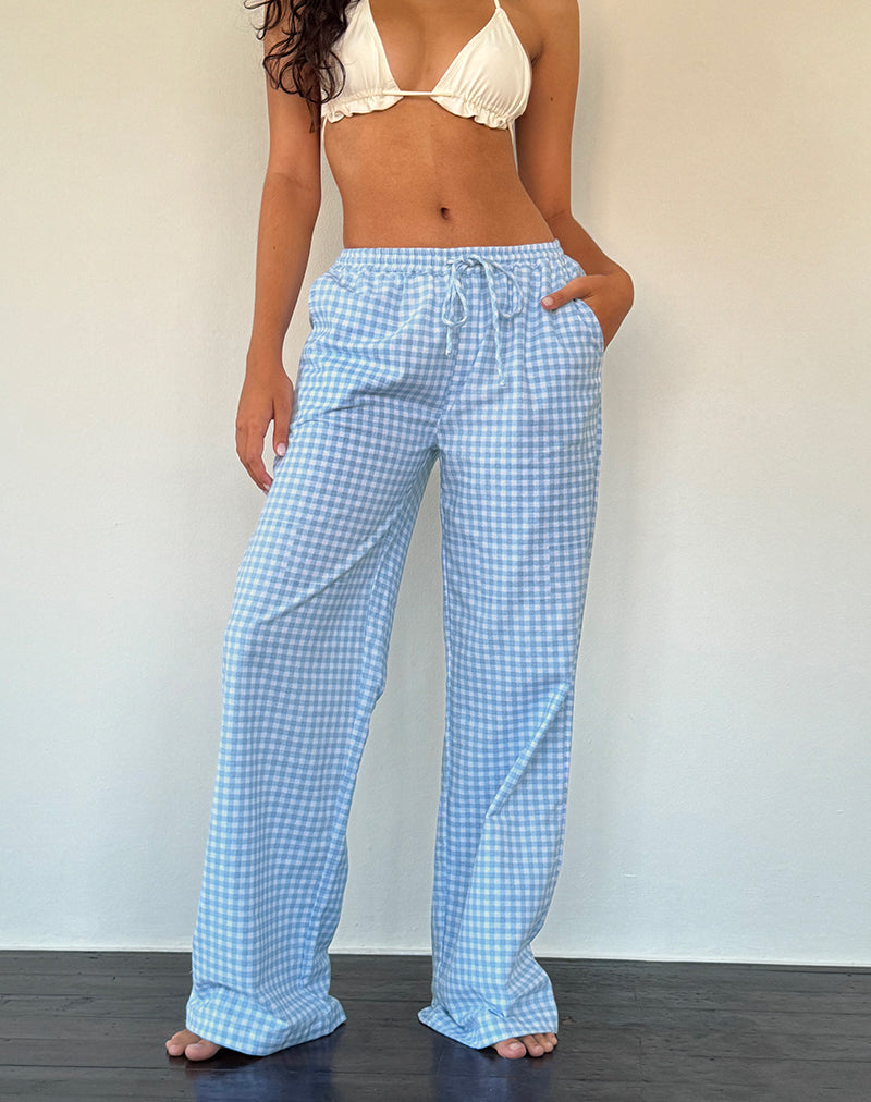 Pantalón Wasic de pata ancha de lino en guinga azul
