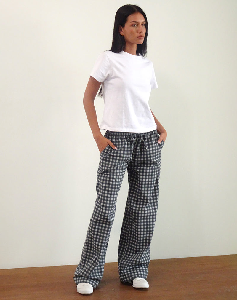 Image of Wasic Pantalones de lino de pierna ancha en guinga negra y gris tonal