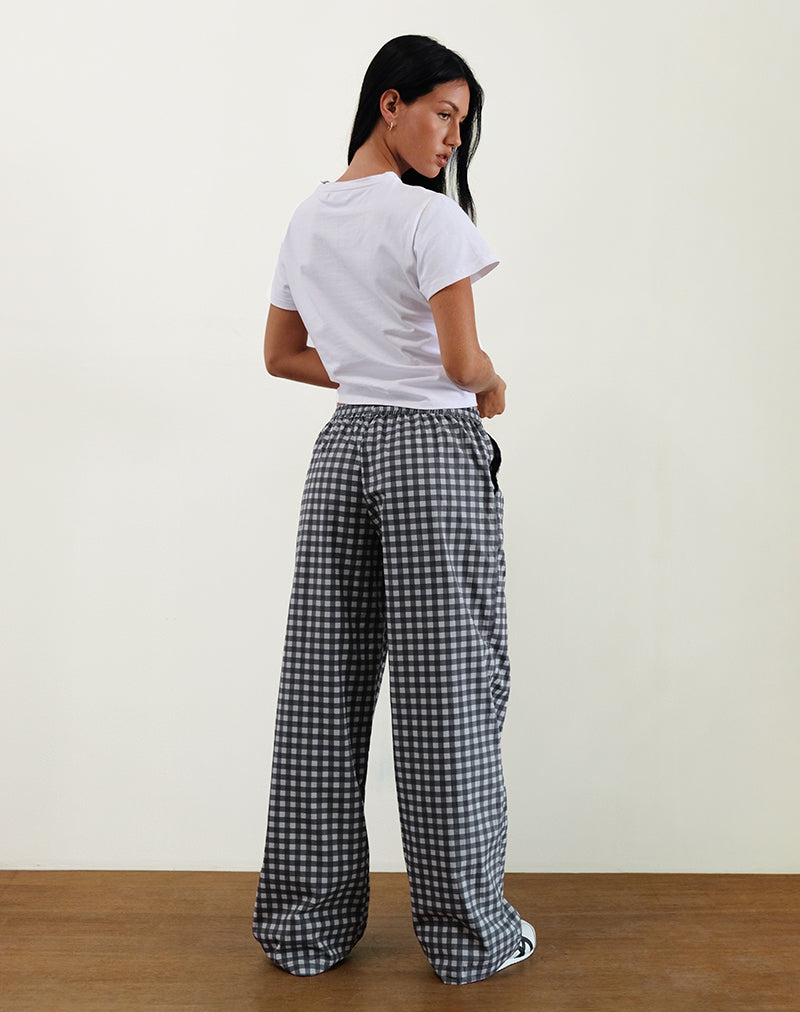 Image of Wasic Pantalones de lino de pierna ancha en guinga negra y gris tonal