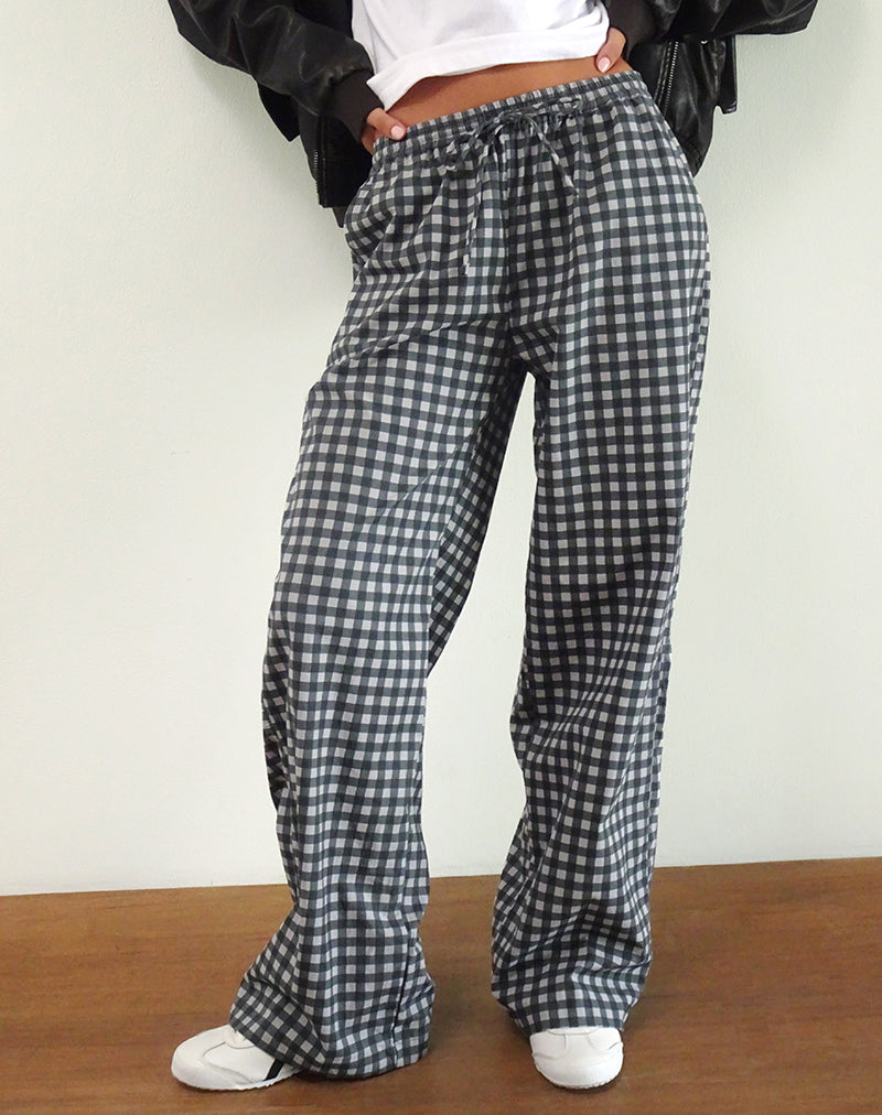 Image of Wasic Pantalones de lino de pierna ancha en guinga negra y gris tonal