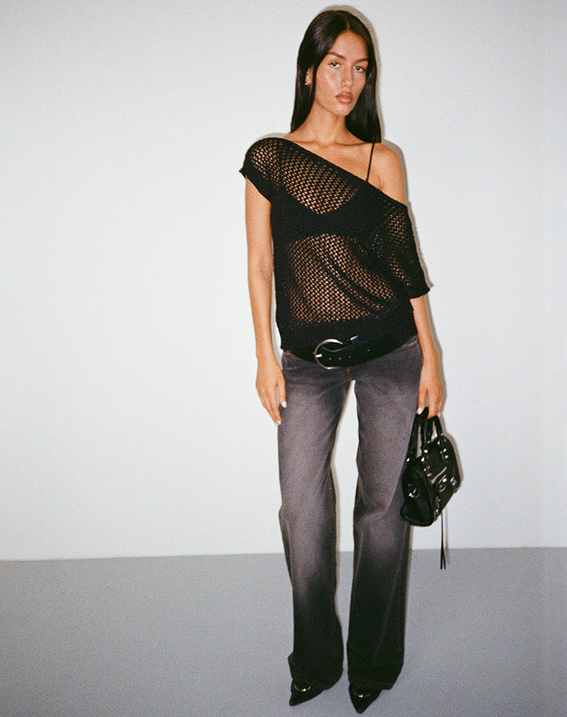 Imagen de Weavora Slash Neck Top in Open Knit Negro