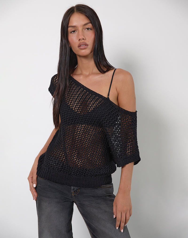 Top Weavora de punto abierto y cuello redondo Negro