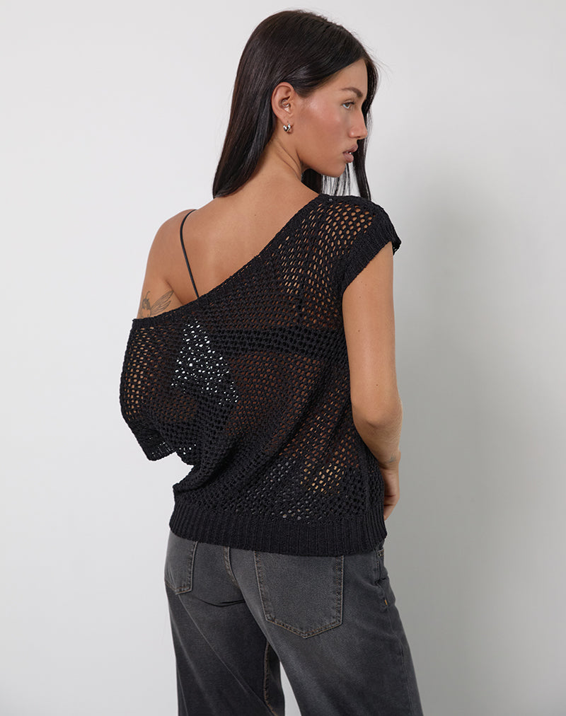 Imagen de Weavora Slash Neck Top in Open Knit Negro