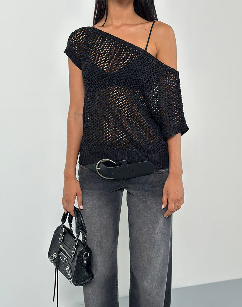 Imagen de Weavora Slash Neck Top in Open Knit Negro