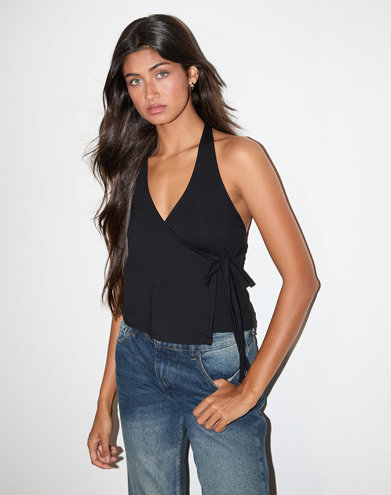 Top Wisty con cuello halter en Jersey Negro