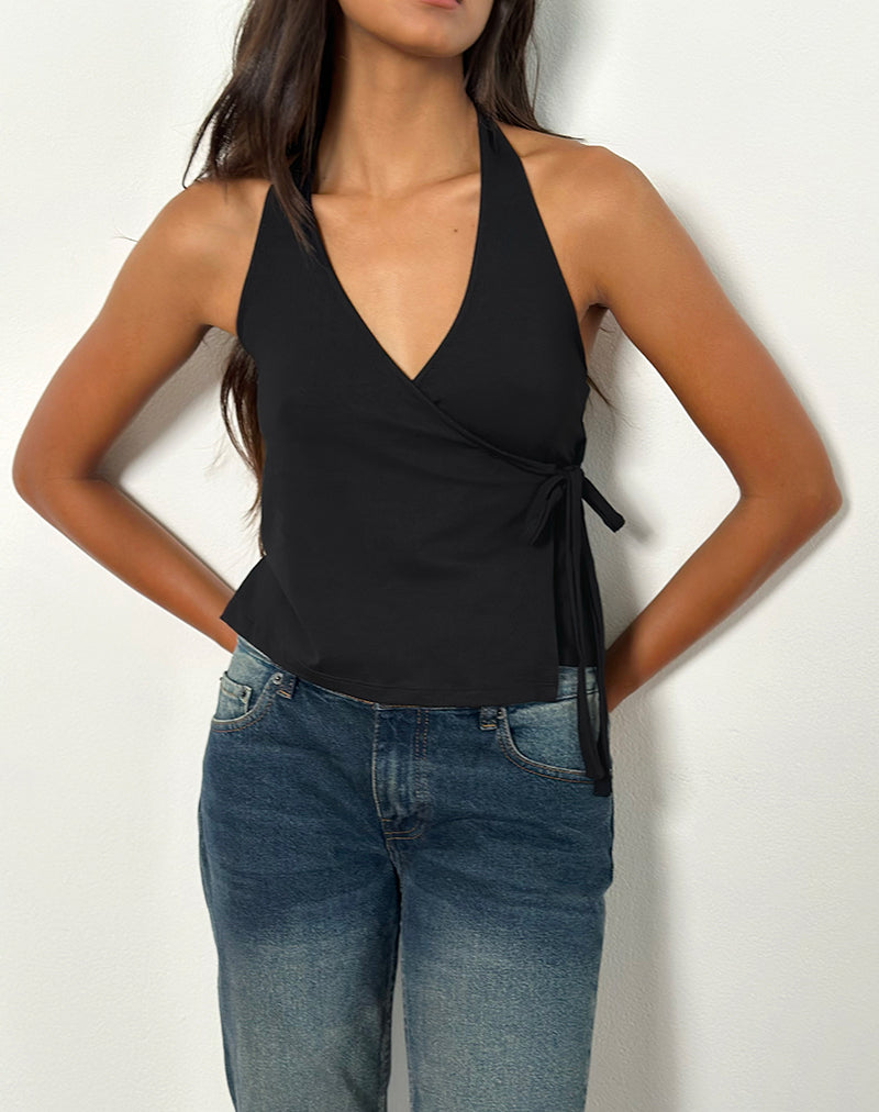 Imagen de Wisty Wrap Top cuello halter en Jersey Negro