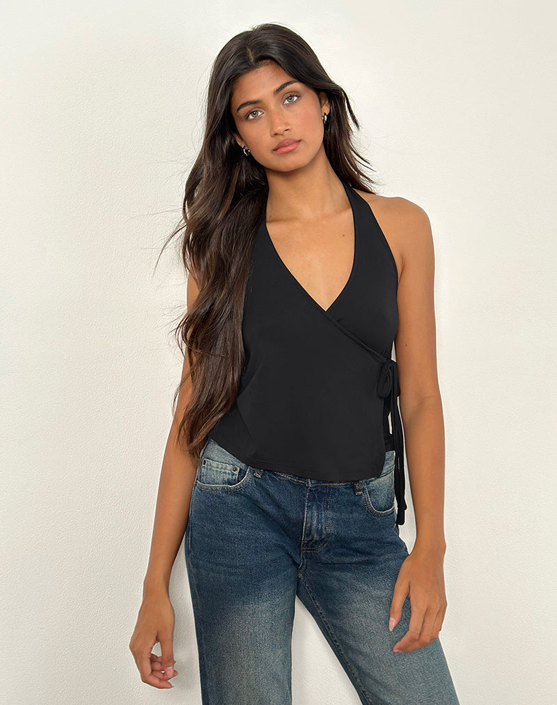 Imagen de Wisty Wrap Top cuello halter en Jersey Negro