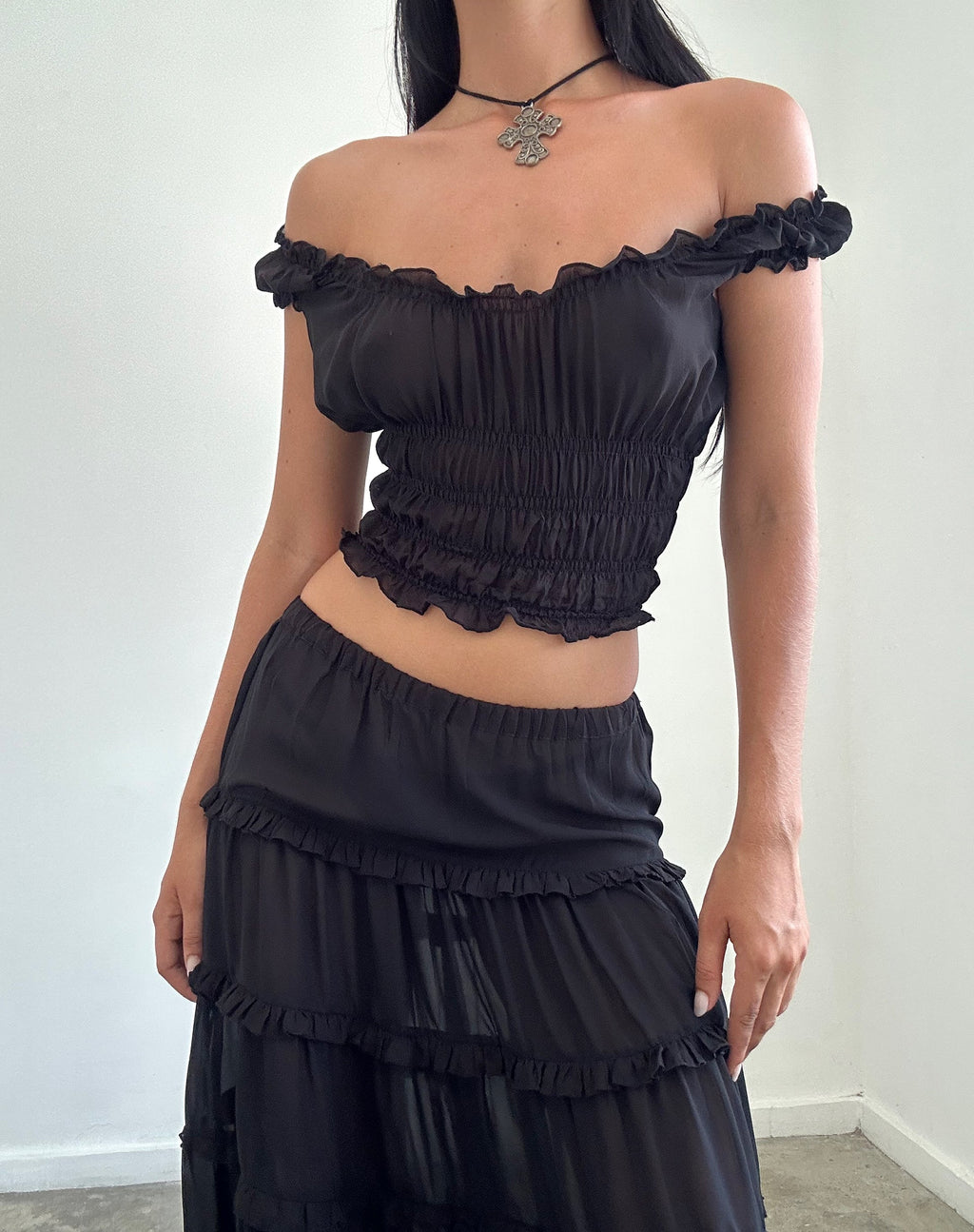 Xavi Shirred Bardot Top de gasa Negro