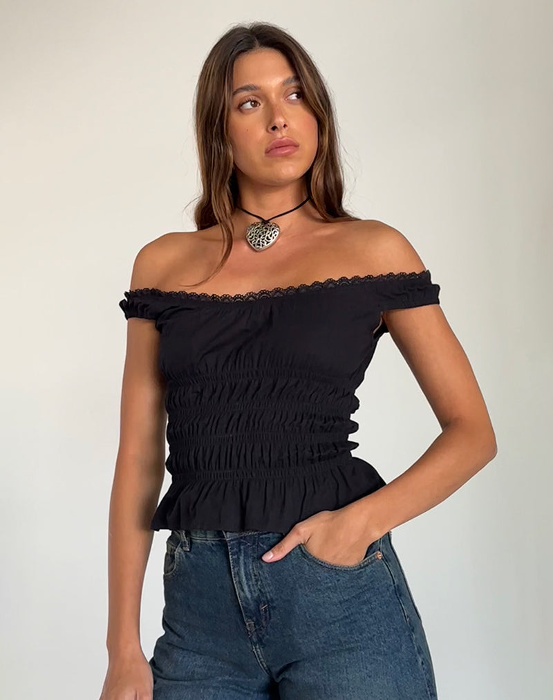 Xavinia Top Bardot con Tirantes en Popelín Negro