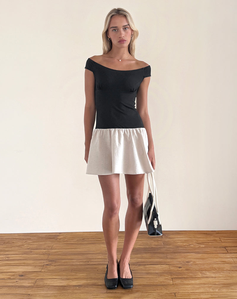 imagen de Yael Mini Dress in Lycra Linen Black and Ecru