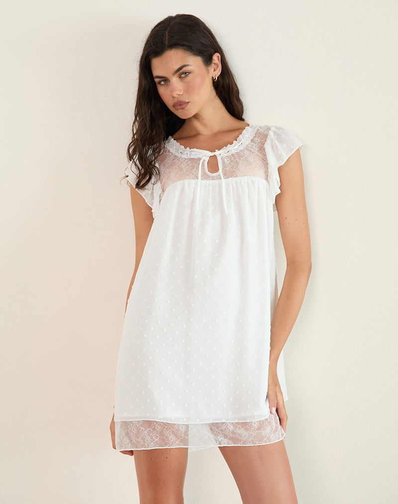 Yagis Smock Mini Vestido en Dobby Chiffon Encaje Blanco