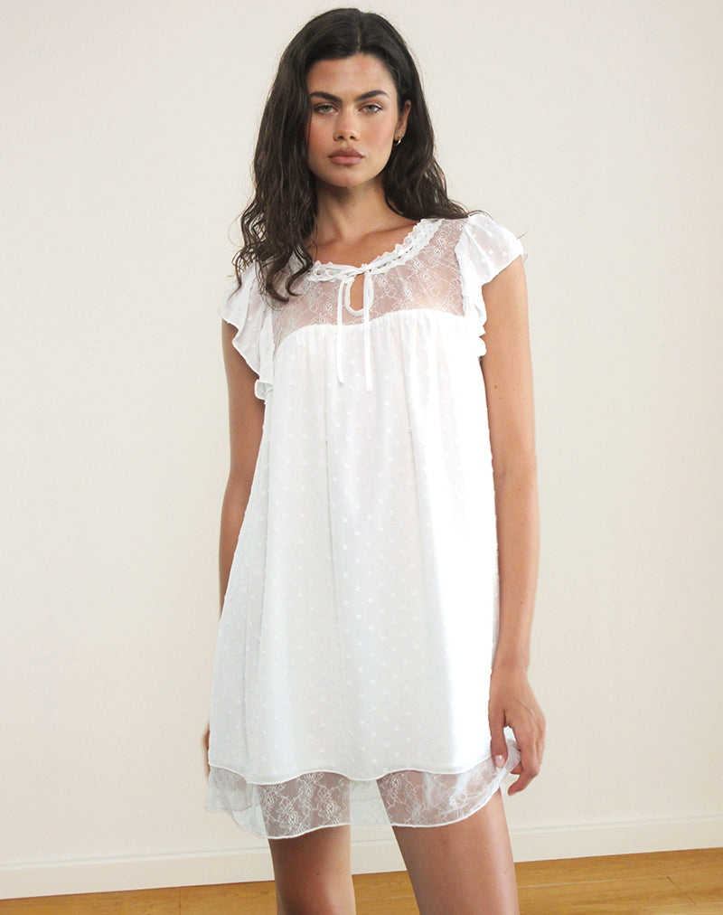 Imagen de Yagis Smock Mini Dress in Dobby Chiffon White Lace