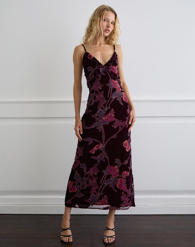 Maxi Vestido Yamira en Floral Devore Borgoña