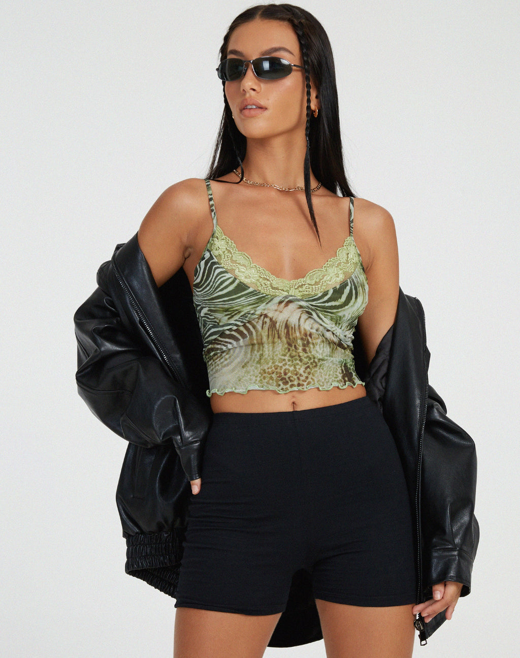 Yenika Cami Top de malla verde guepardo