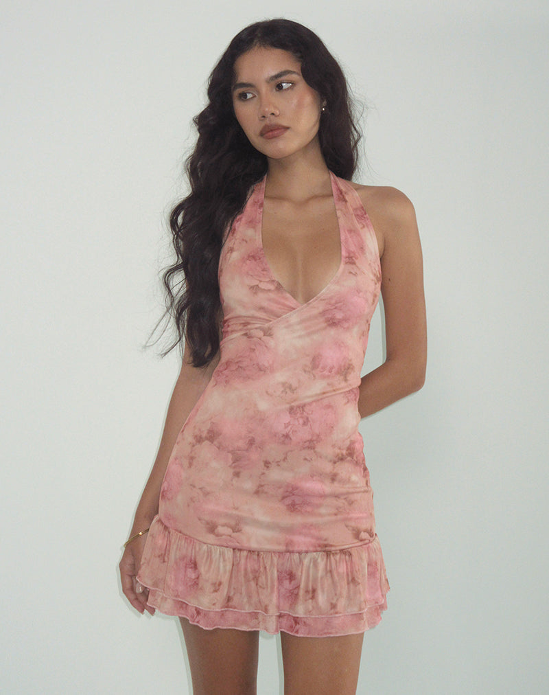 Imagen de Yoriko Mini Vestido Cuello Haltern en Smoky Floral Peach