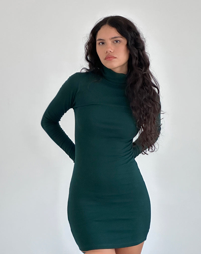 Imagen de Yrion Mini Vestido Bodycon Cuello Tortuga en Verde Bosque