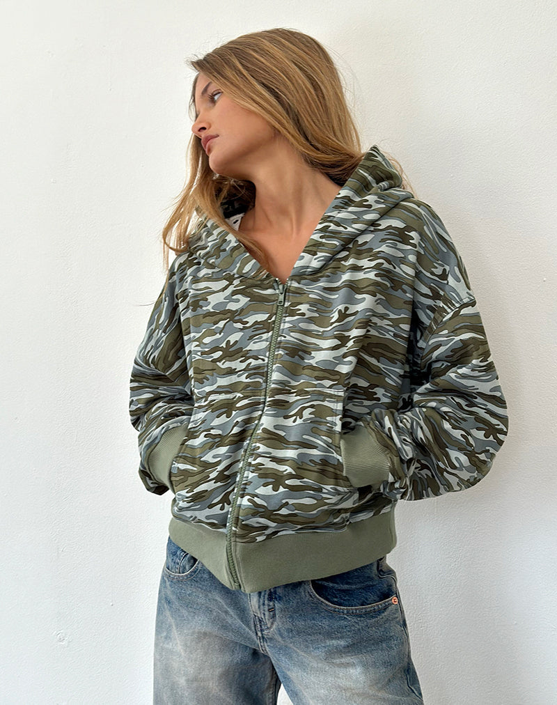 Sudadera con capucha y cremallera Yukadi en verde camuflaje