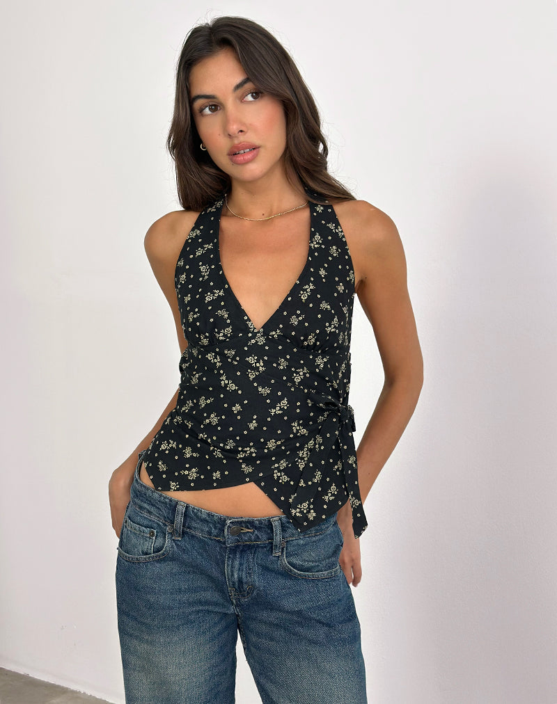 Yung Blusa de Cuello Haltern en Floral Land Negro