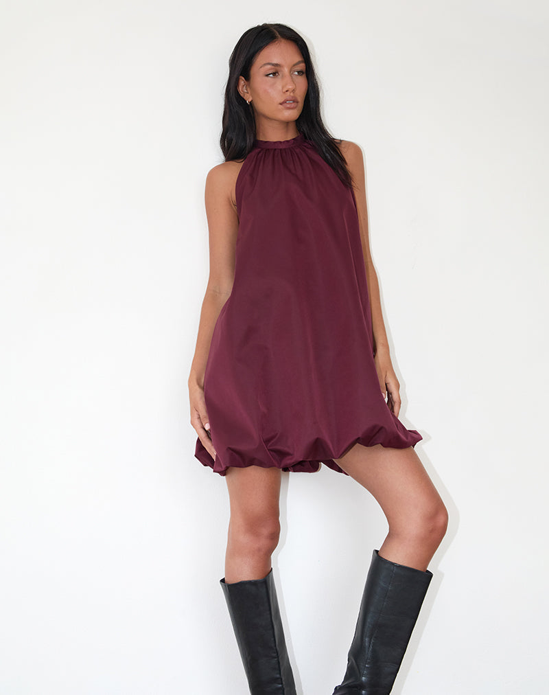 Mini Vestido Yusna Puffball en Berry Oscuro