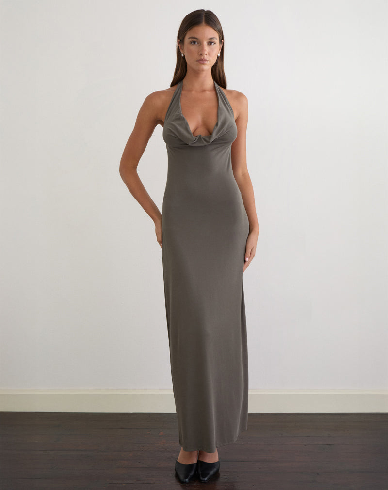 Imagen del vestido largo Zarya en cupro gris caqui