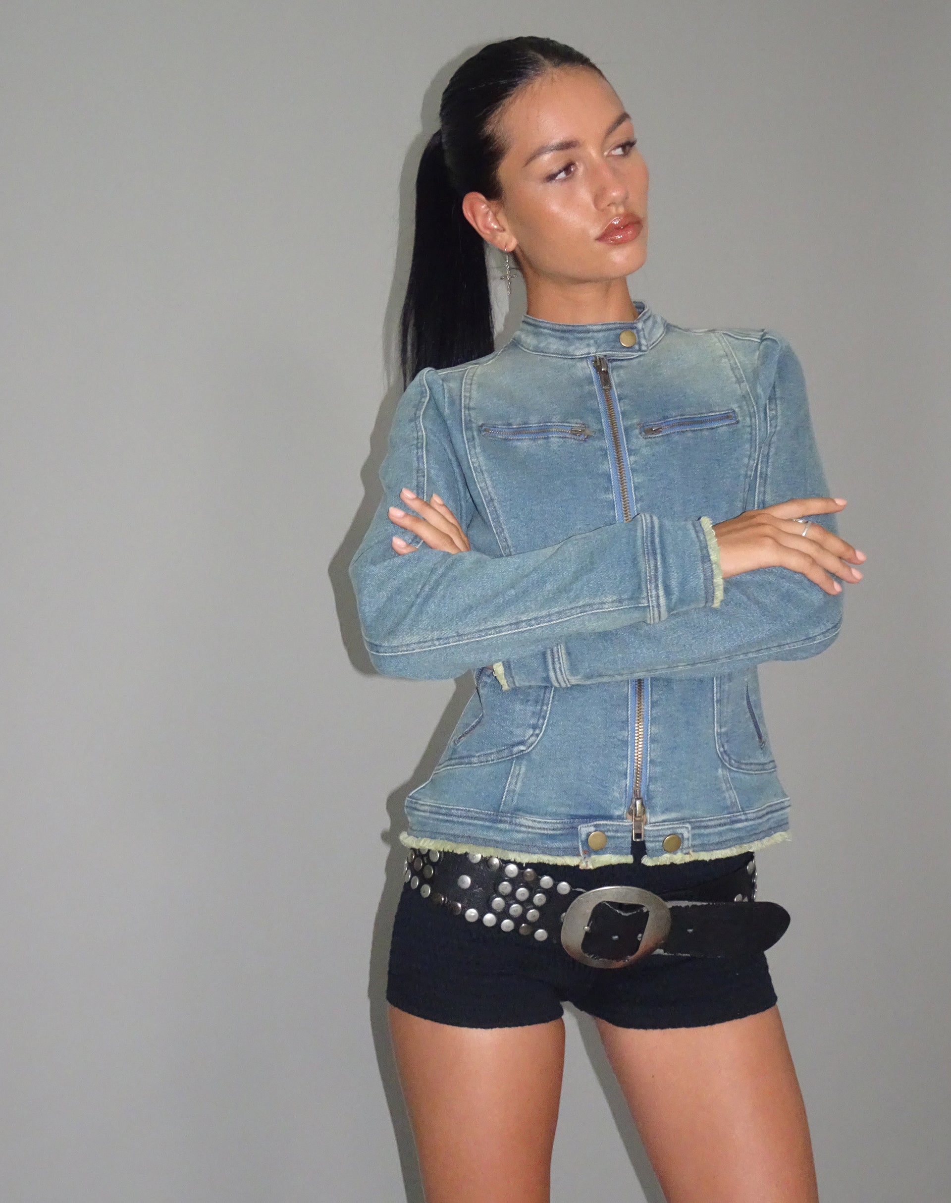Imagen de Zayn Chaqueta biker entallada en denim azul vintage