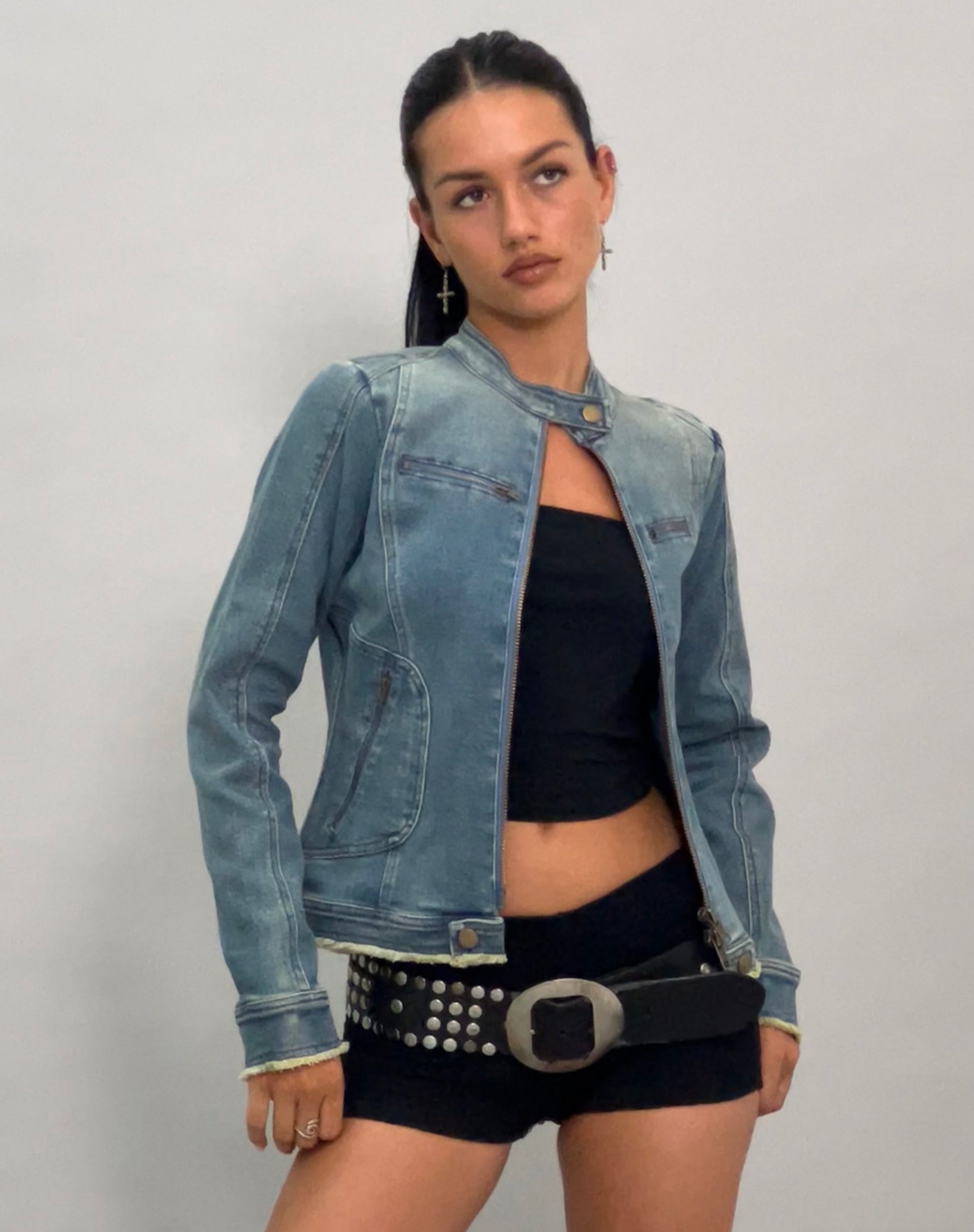 Imagen de Zayn Chaqueta biker entallada en denim azul vintage