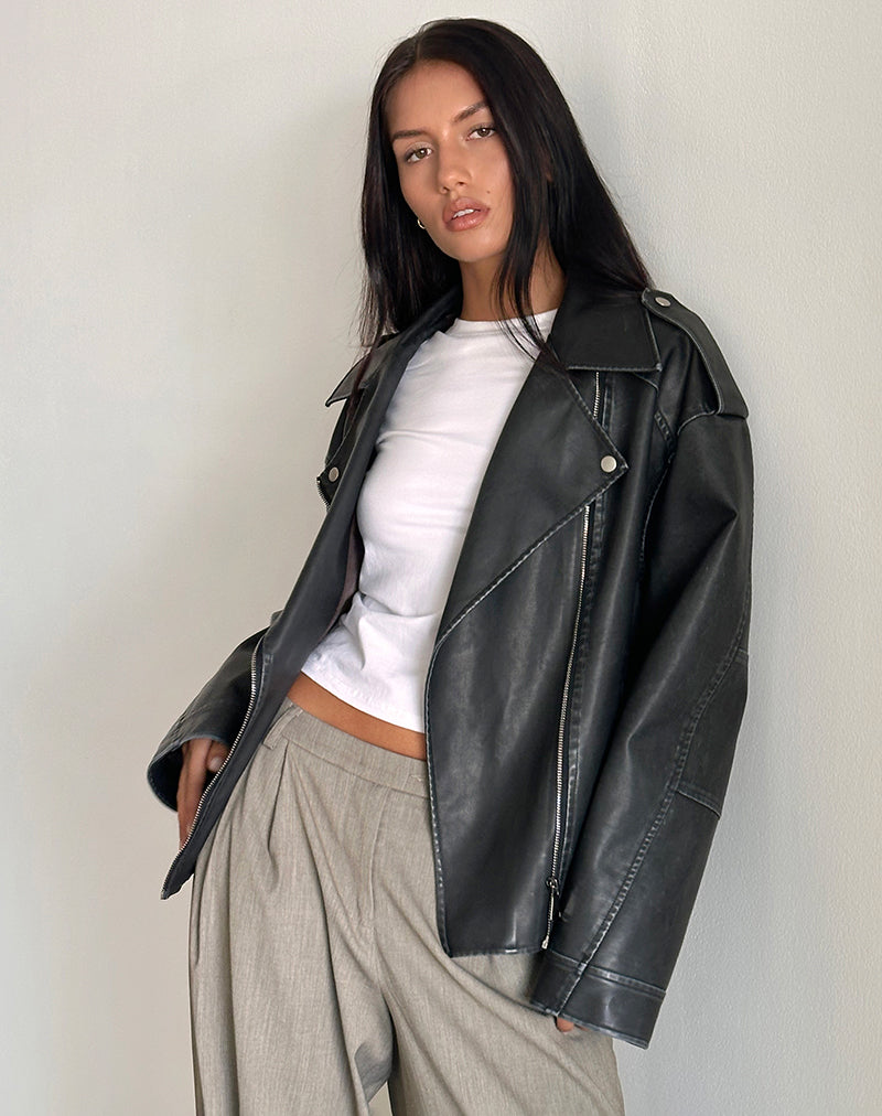 Imagen de Zebbie Distressed PU Biker Jacket in Black