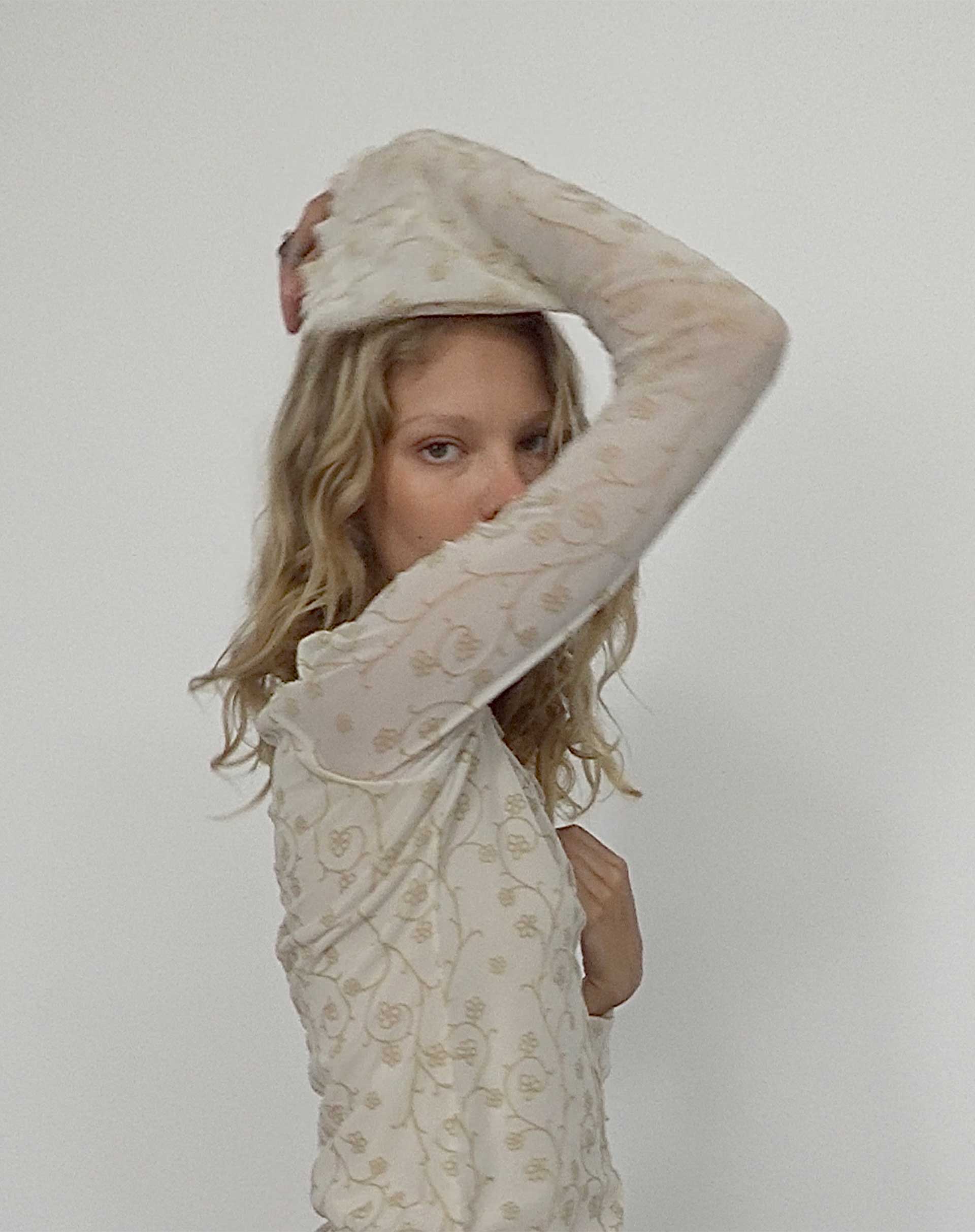 imagen de Zest Mesh Long Sleeve Top en beige con flocado tostado claro
