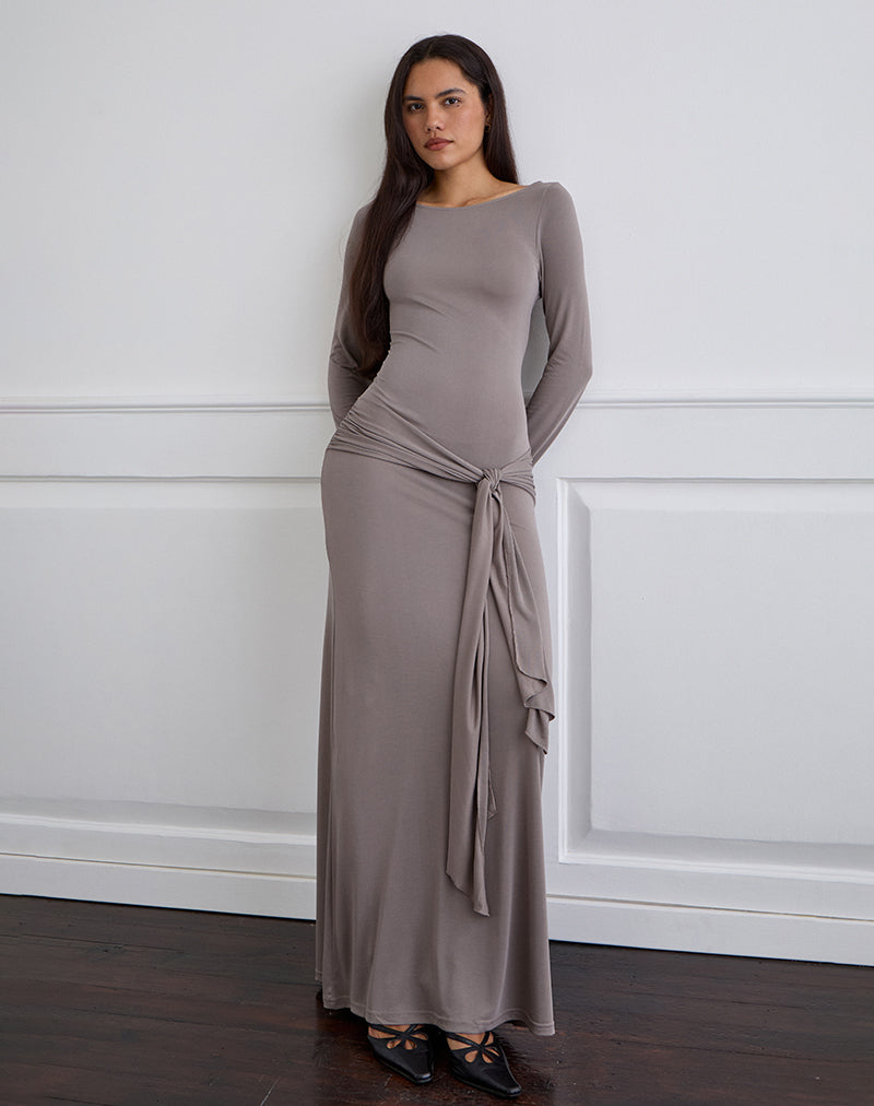 Maxi Vestido Zeya en Cupro Gris Topo