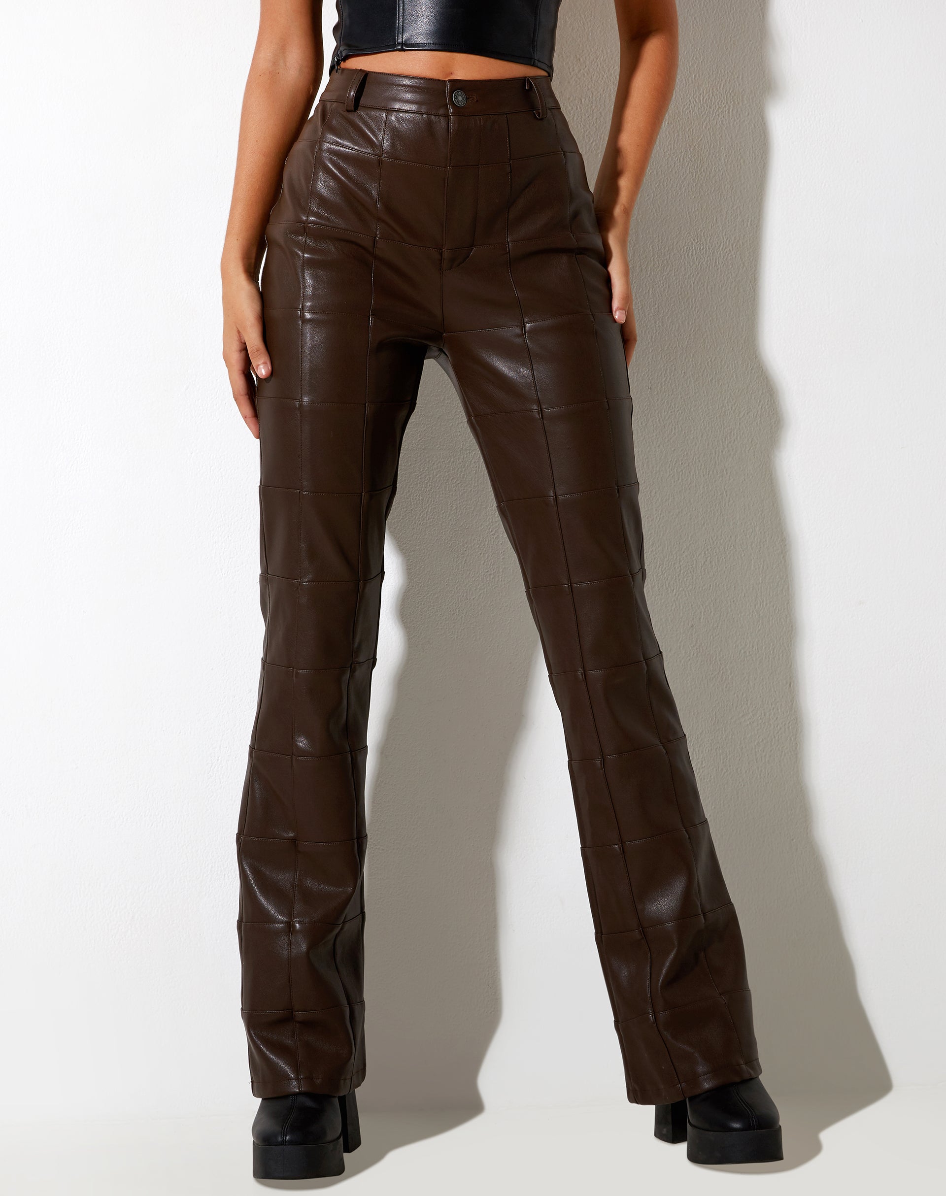 Imagen de Zolo Pantalones de PU Patchwork Marrón choco