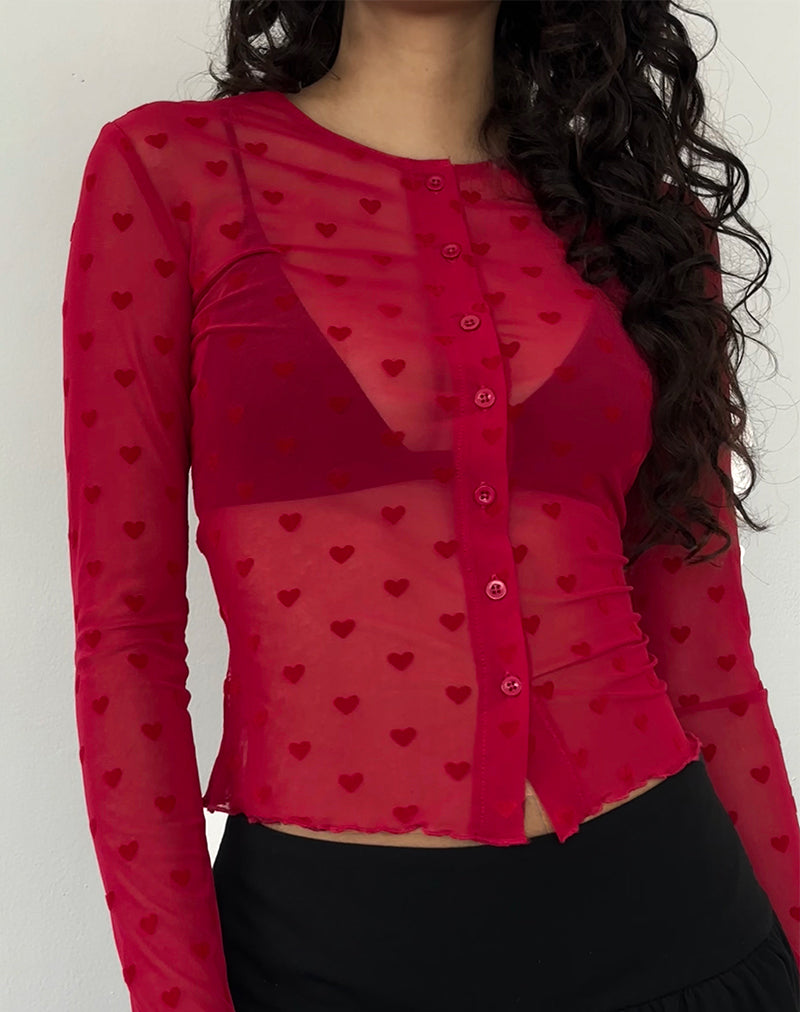 Imagen de la camisa Kahula de malla flocada corazón rojo