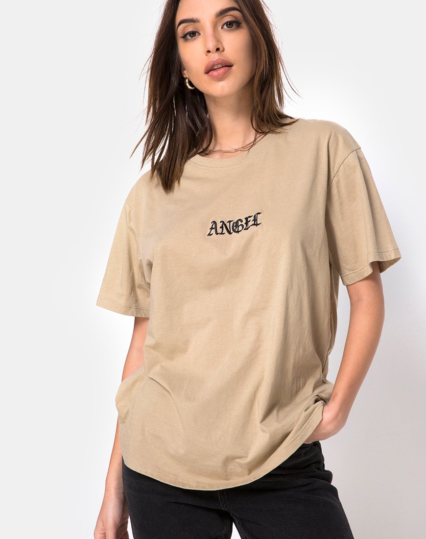 Imagen de Oversize Basic Tee in Tan with Angel Embroidery